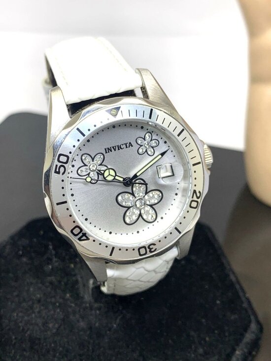 Invicta Women\'s Watch 12512 Angel Quartz Floral Dial White Leather Band 38mm